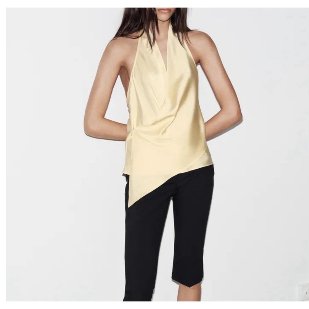 Zara Light Yellow Halter Top Satin Effect Asymmetrical Summer Festival Flowy‎